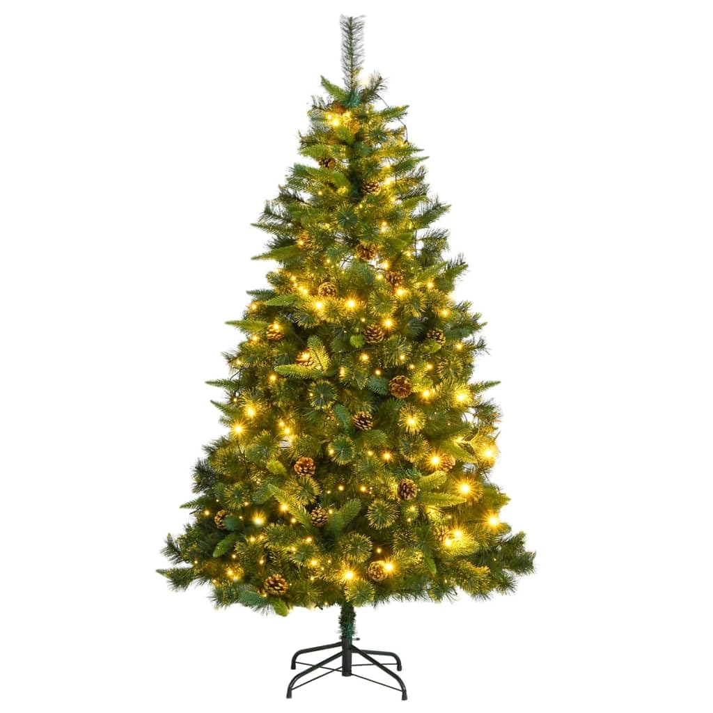 vidaXL 94.5" Artificial Hinged Christmas Tree with 300 Warm White LED Lights, Lifelike Tips, and Pine Cones; Durable Metal Stand Included - Green