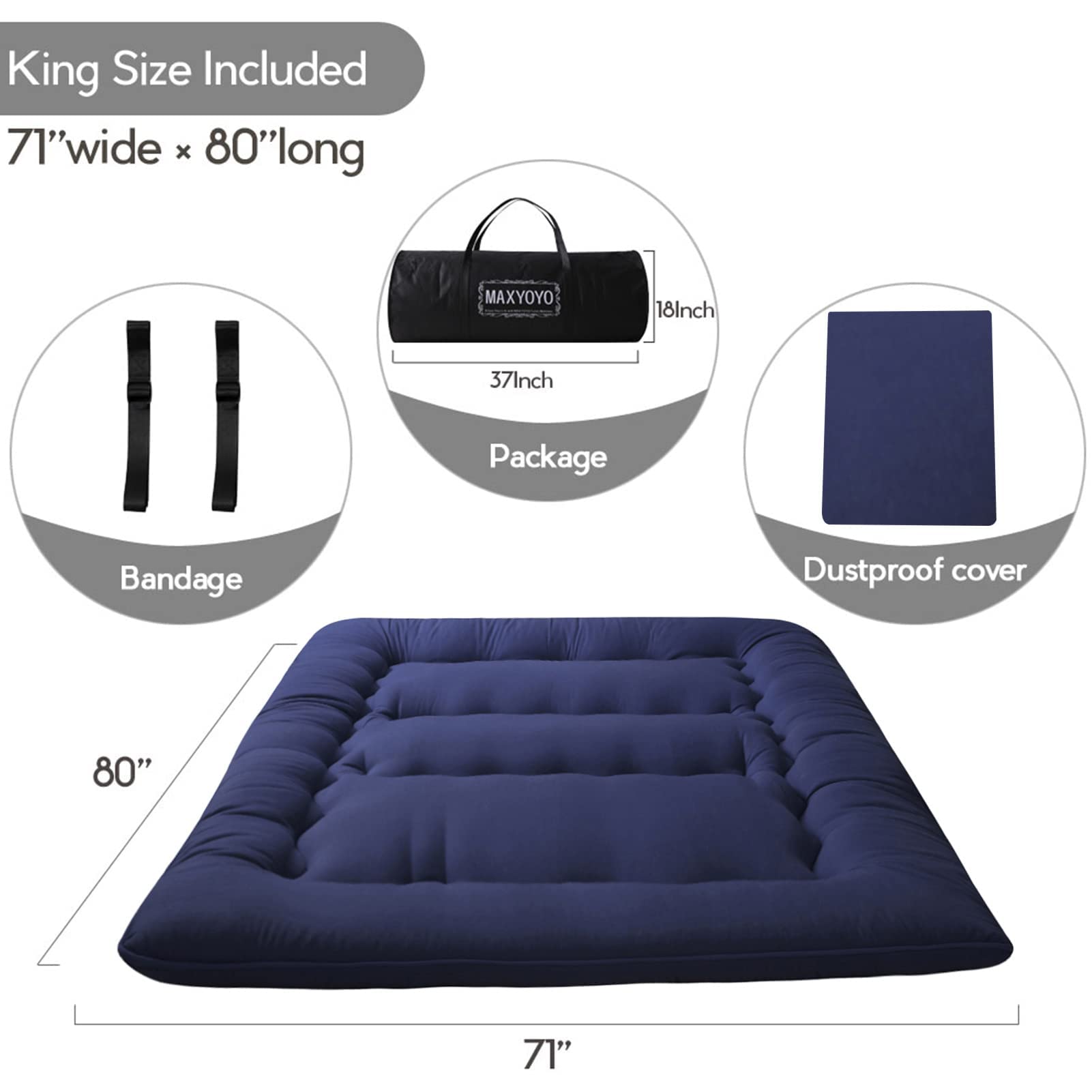 Maxyoyo Japanese Floor Mattress Futon Mattress, Thicken Tatami Mat Sleeping Pad Foldable Roll Up Mattress Boys Girls Dormitory Mattress Pad Kids Floor Lounger Pillow Bed, Navy, King