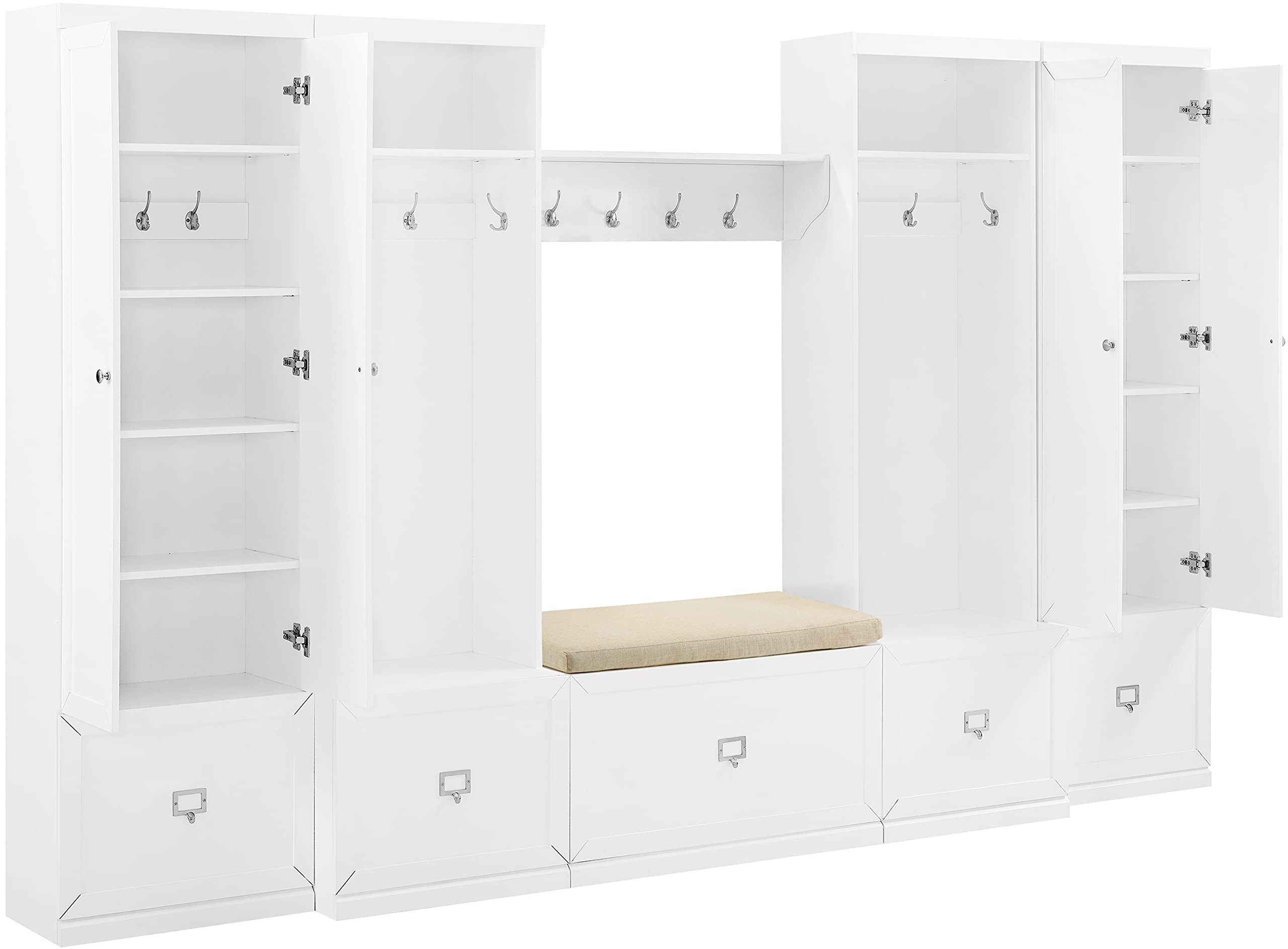 Crosley Furniture Harper 6-Piece Hall Tree, Storage Cabinet, Shoe Rack Bench, And Wall Shelf Set With Hooks, White