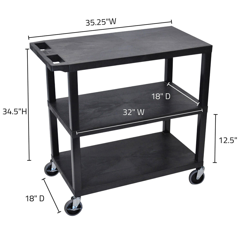 Luxor EC222-B Multipurpose Utility Cart, 1.62" Thick Flat Shelves, Ergonomic Push Handle, 4" Full-swivel Casters, Locking Brake, 400 lbs Max Capacity, Black