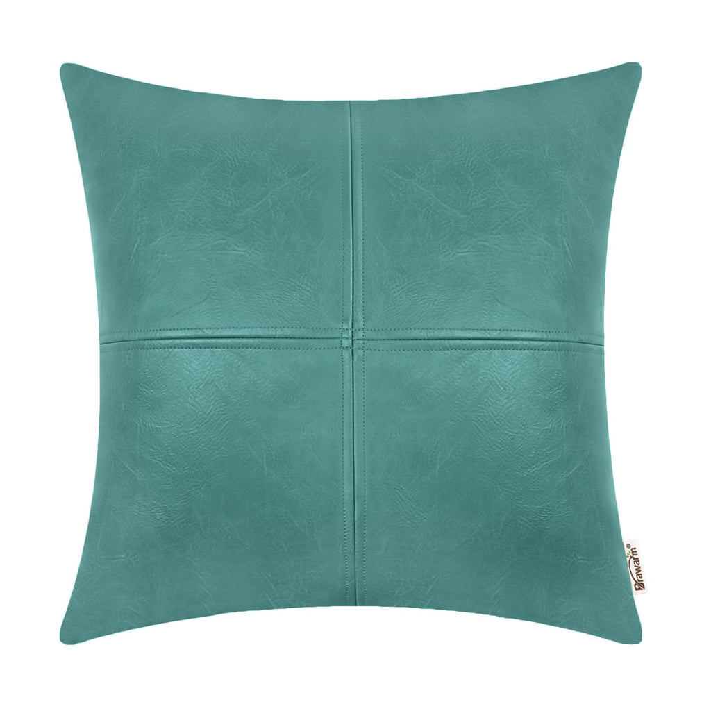 BRAWARM Faux Leather Throw Pillow Covers 18 X 18 Inches, Teal Leather Pillow Cover, Hand Stitched Leather Decorative Pillow Cove