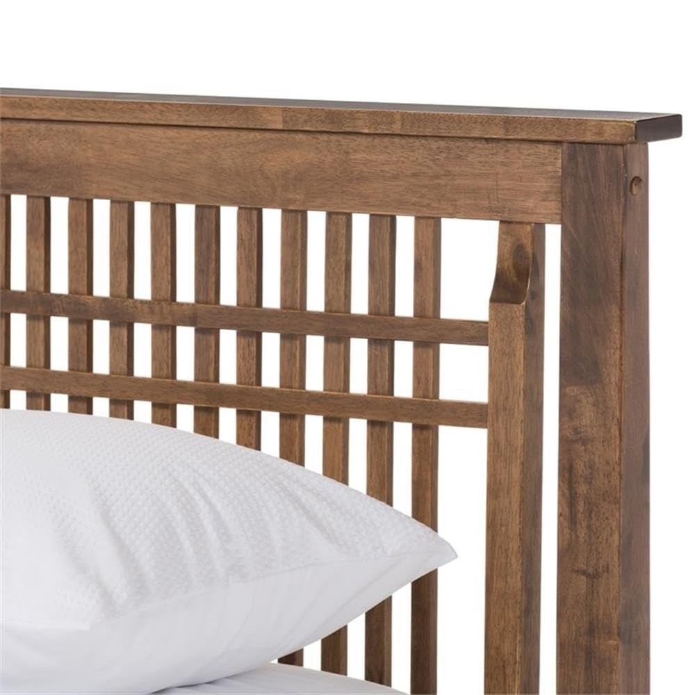 Baxton Studio Loafey Mid-Century Modern Solid Walnut Wood Window-Pane Style Queen Size Platform Bed