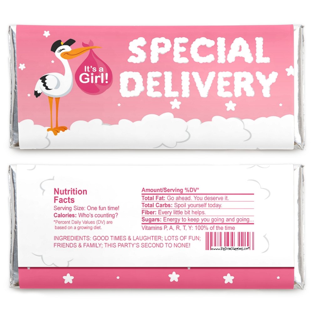 Big Dot Of Happiness Girl Special Delivery - Candy Bar Wrapper Pink It'S A Girl Stork Baby Shower Favors - Set Of 24