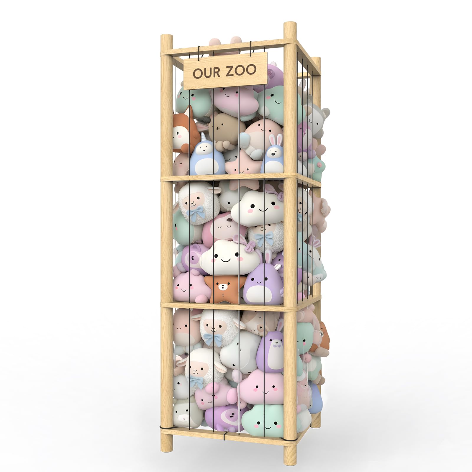 Stuffed Animal Storage & Organizer, Wooden Eco-Friendly Toy Holder with Elastic Ropes & DetachableBag, Fun Interactive Plush Toy
