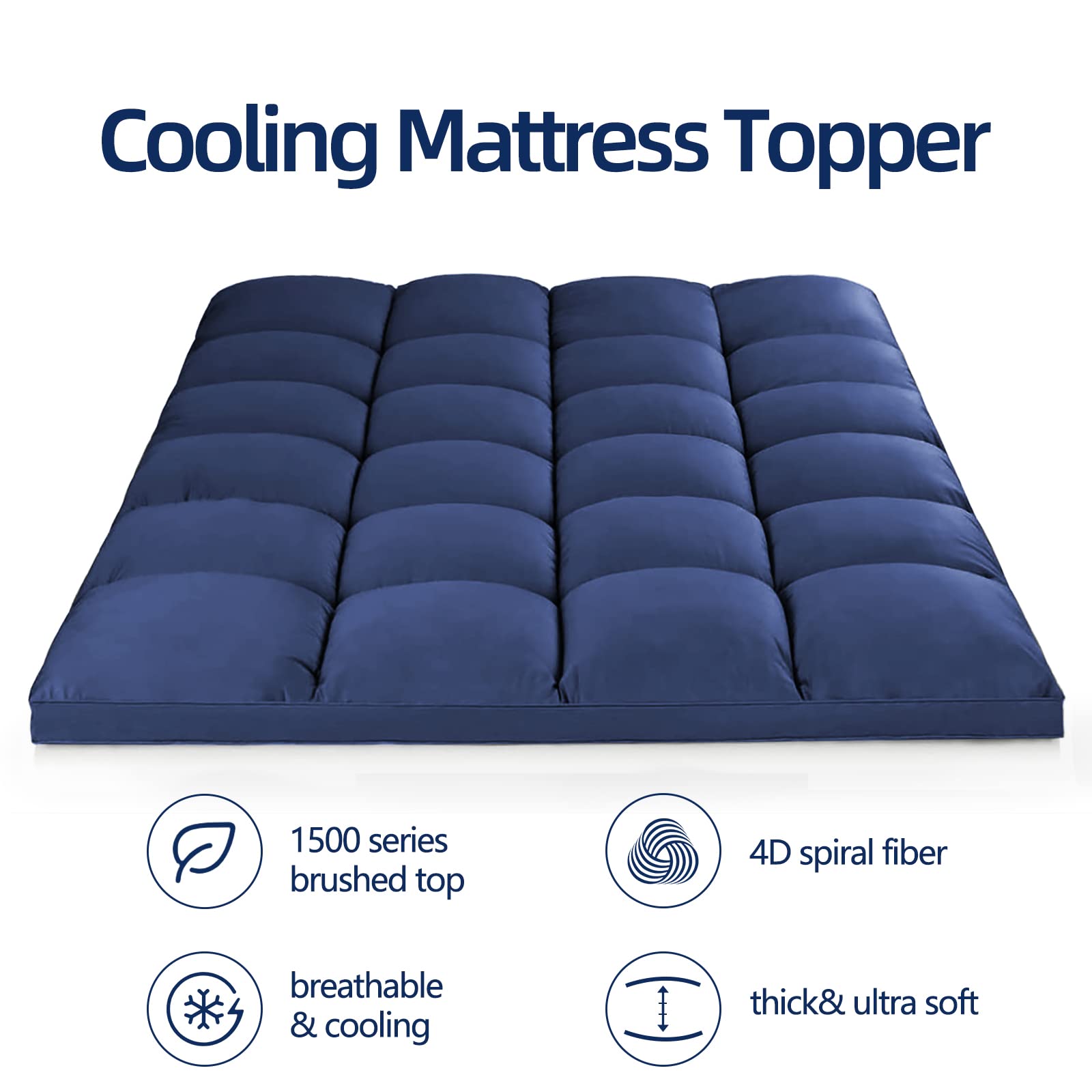 Mattress Topper Queen For Back Pain, Extra Thick Mattress Pad Cover, Plush Pillow Top, Deep Elastic Pocket, Navy