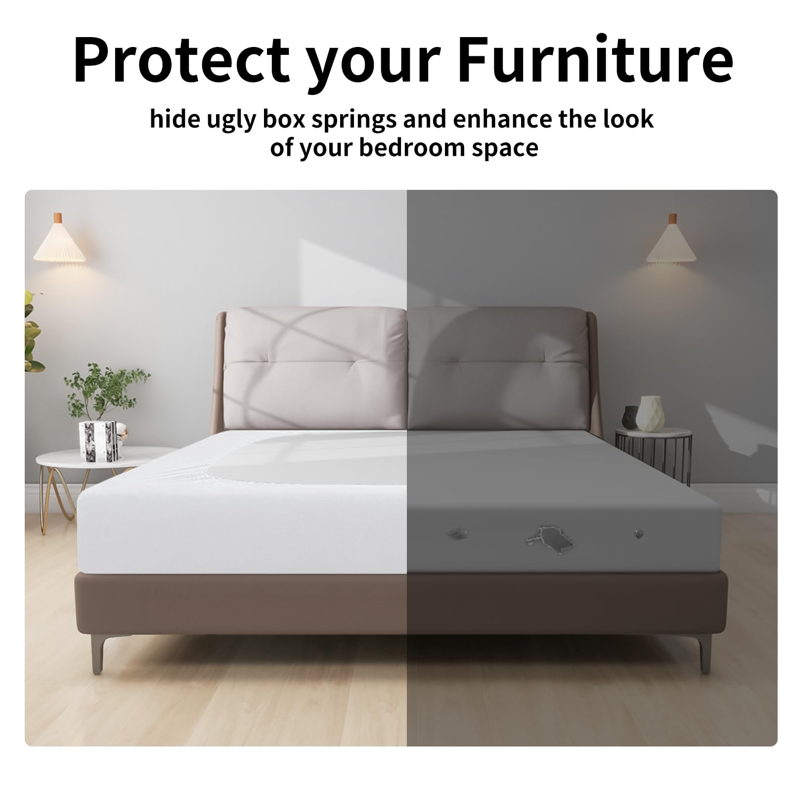 Easy-Going Box Spring Cover Queen Size, 4 Way Stretch Smooth And Elastic Wrap Around Band 4 Sides Bed Skirt, White