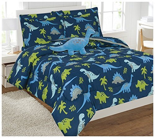 Linen Plus Full Size 8Pc Comforter Set For Boys Dinosaur Dark Blue Green Grey