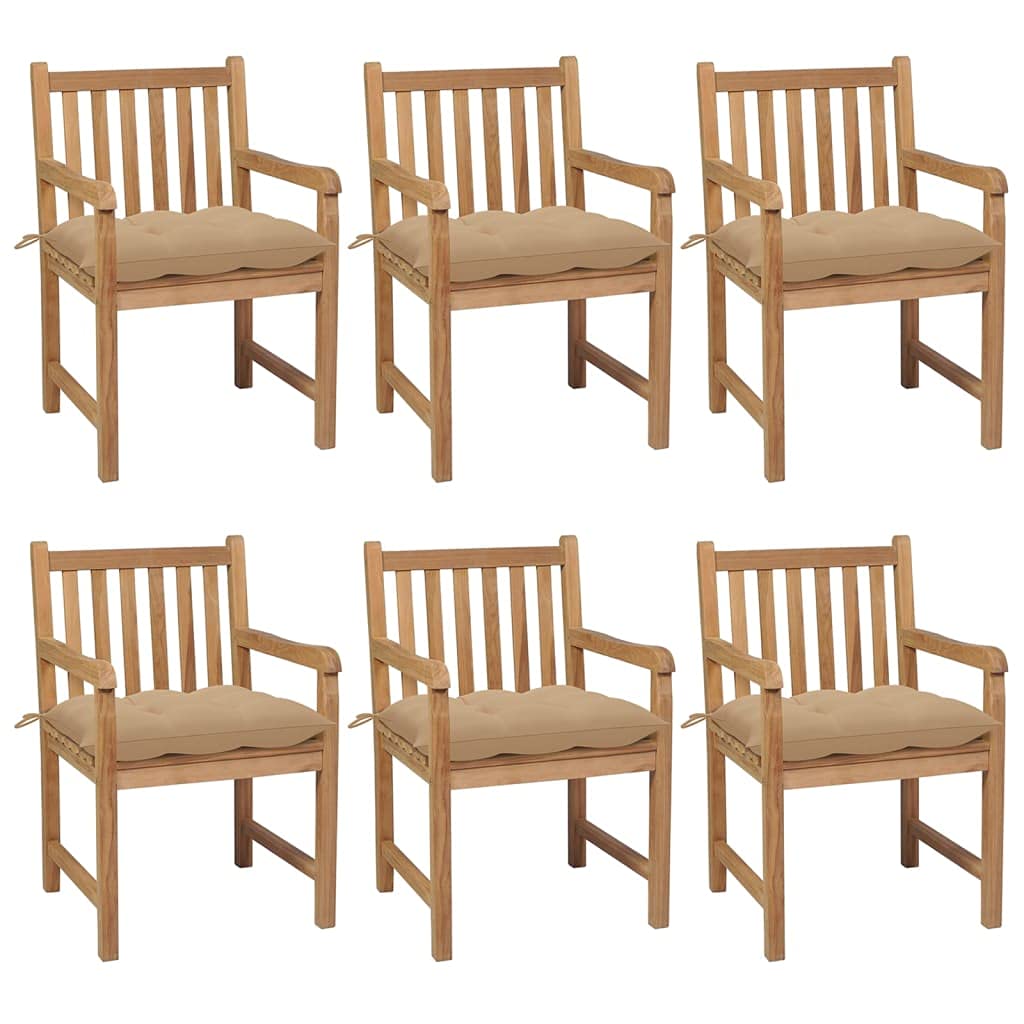 Vidaxl 6X Solid Teak Wood Patio Chairs Garden Outdoor Terrance Backyard Furniture Wooden Armchair Seating Chair Seat With Beige Cushions