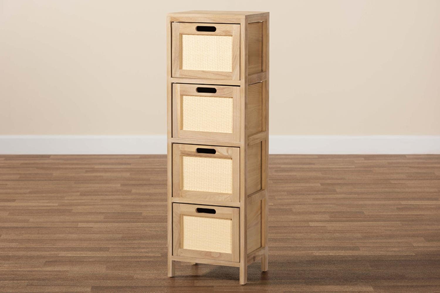 Baxton Studio Paolo Mid-Century Modern Natural Brown Finished Wood and Rattan 4-Drawer Storage Unit