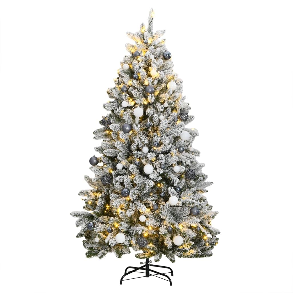 vidaXL Artificial Hinged Christmas Tree - 70.9&quot; with 300 LED Lights, Snow Decor and Shiny Ball Set - Green/White Combination for Festive Decor