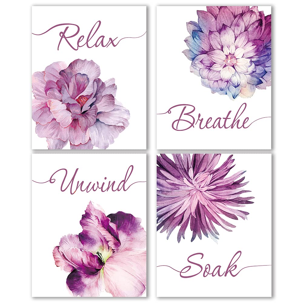 IIILUYOT Pink Purple Flowers Relax Soak Unwind Breathe Wall Decor Office Corridor Decor Poster Wall Bathroom Locker Home Decor, 