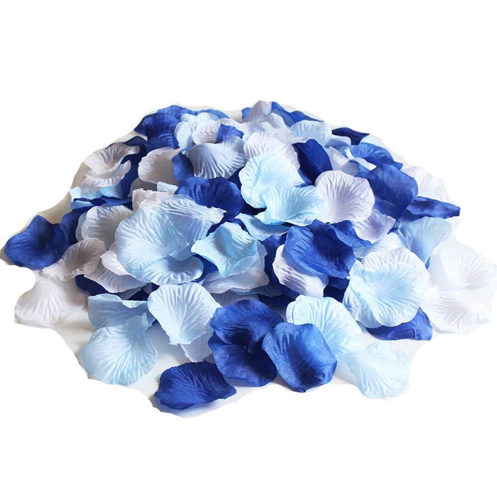 ALLHEARTDESIRES Mixed Blue and White Artificial Silk Flower Rose Petals for Wedding Aisle Decorations Flower Girl Scatter Petals