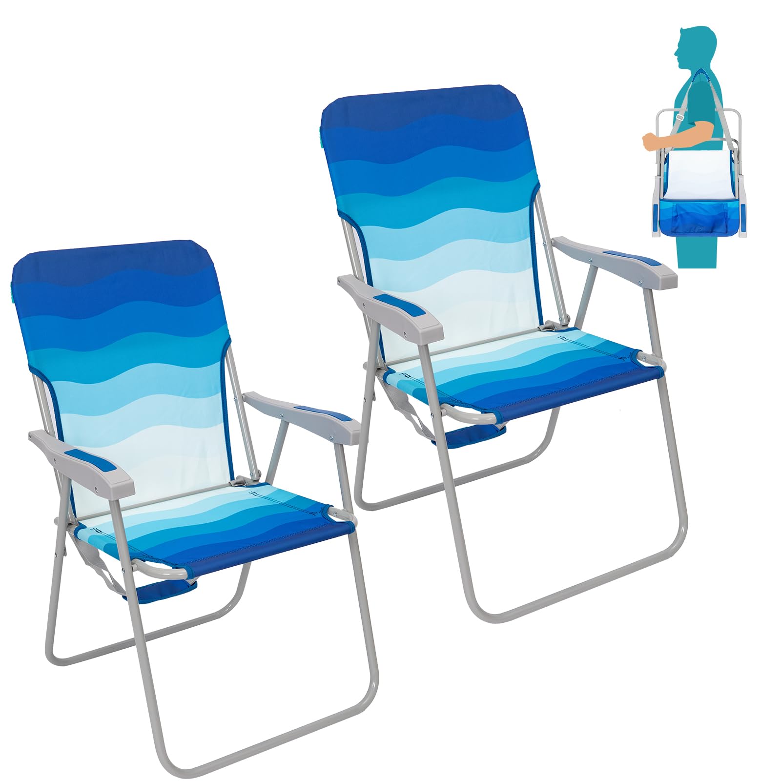 #WEJOY Folding Beach Chair for Adults, Lightweight Beach Chair with Shoulder Straps, High Back Camping Chairs with Hard Armrest,