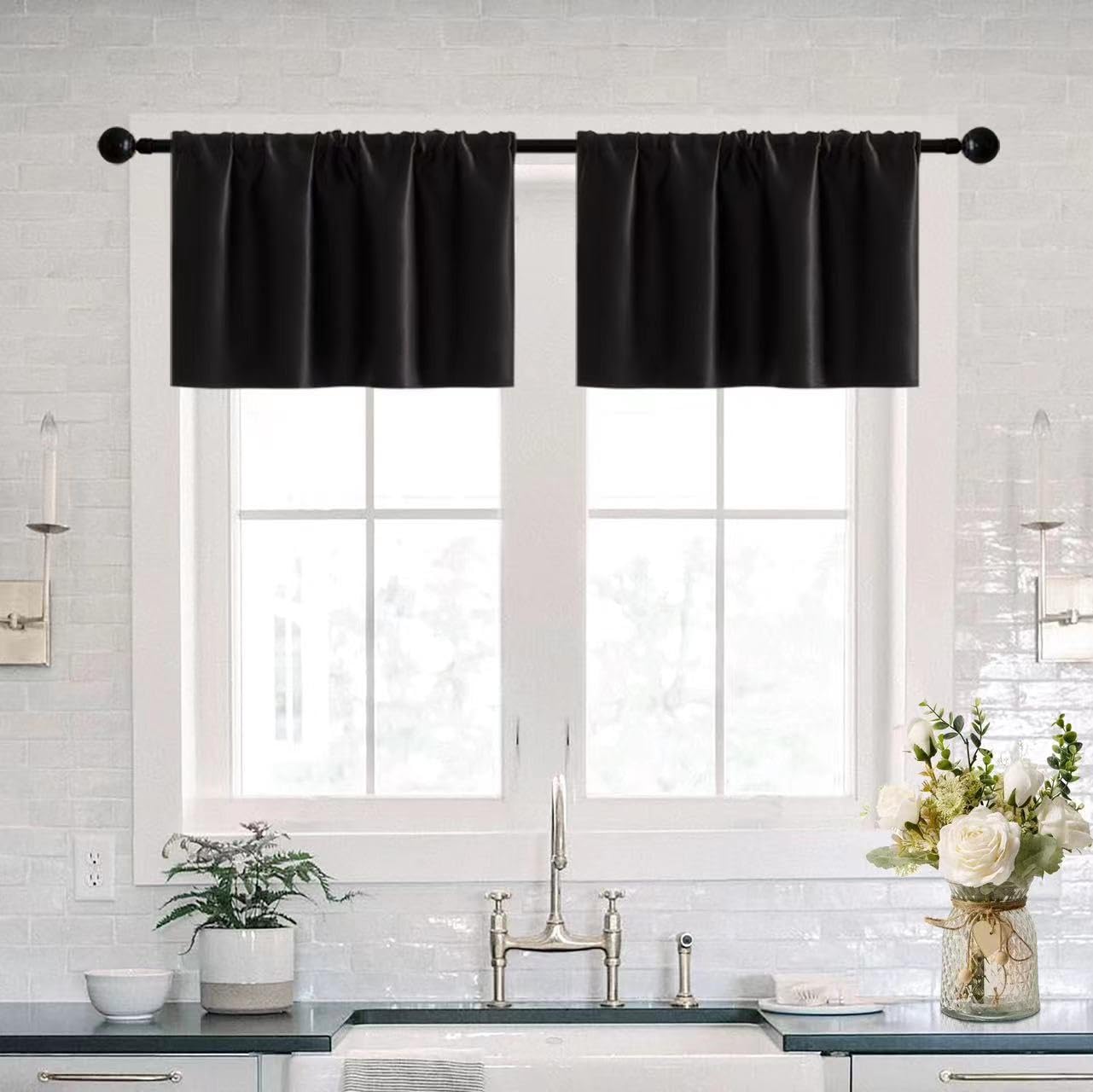 Basement Window Curtains 16 Inch Length,2 Pack/Wide Enough Ruffle Rod Pocket Small Waterproof Blackout Valances for Living Room 