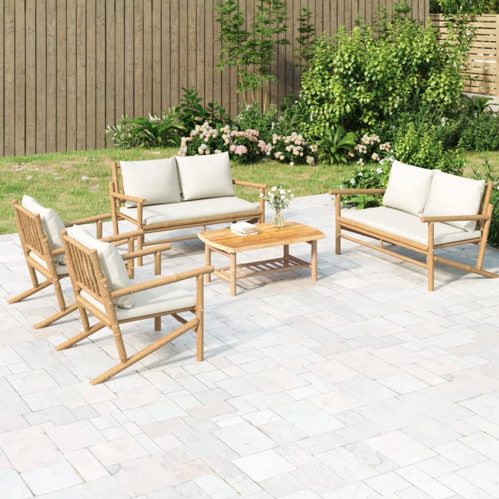 vidaXL Bamboo Patio Lounge Set - 5 Piece Outdoor Furniture with Cream White Cushions, Comfortable Seating Experience, Practical Garden Sofa Set with Sturdy Table