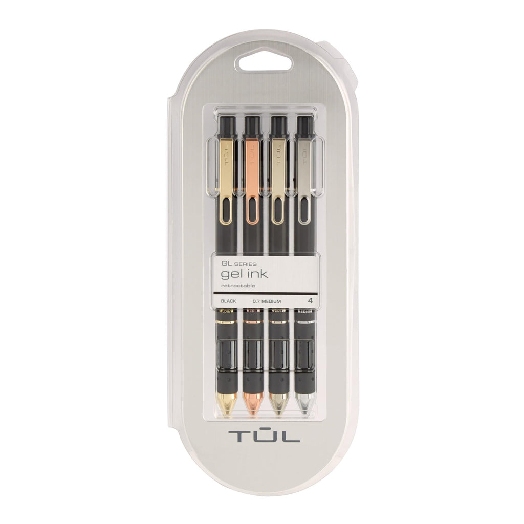 Tul Gl Series Retractable Gel Pens, Mixed Metals, Medium Point, 0.7 Mm, Black Barrel, Black Ink, Pack Of 4 Pens