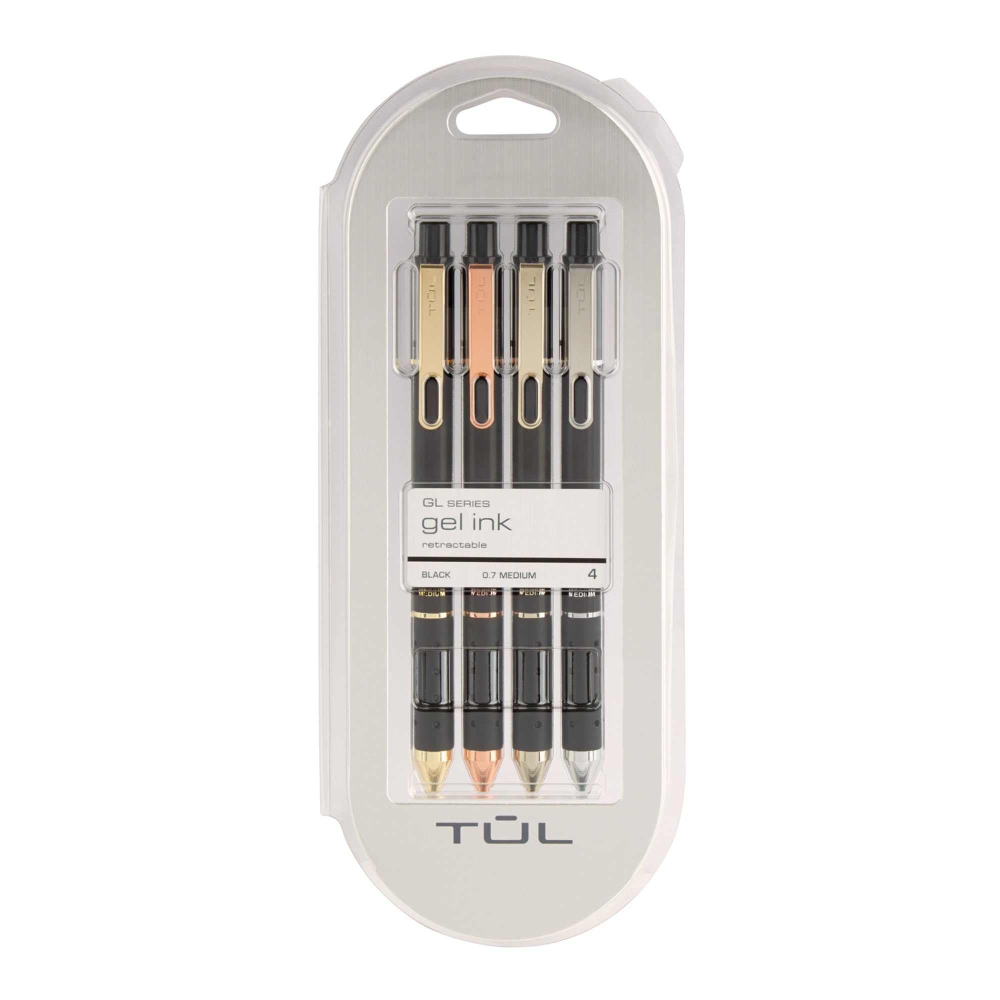 Tul Gl Series Retractable Gel Pens, Mixed Metals, Medium Point, 0.7 Mm, Black Barrel, Black Ink, Pack Of 4 Pens