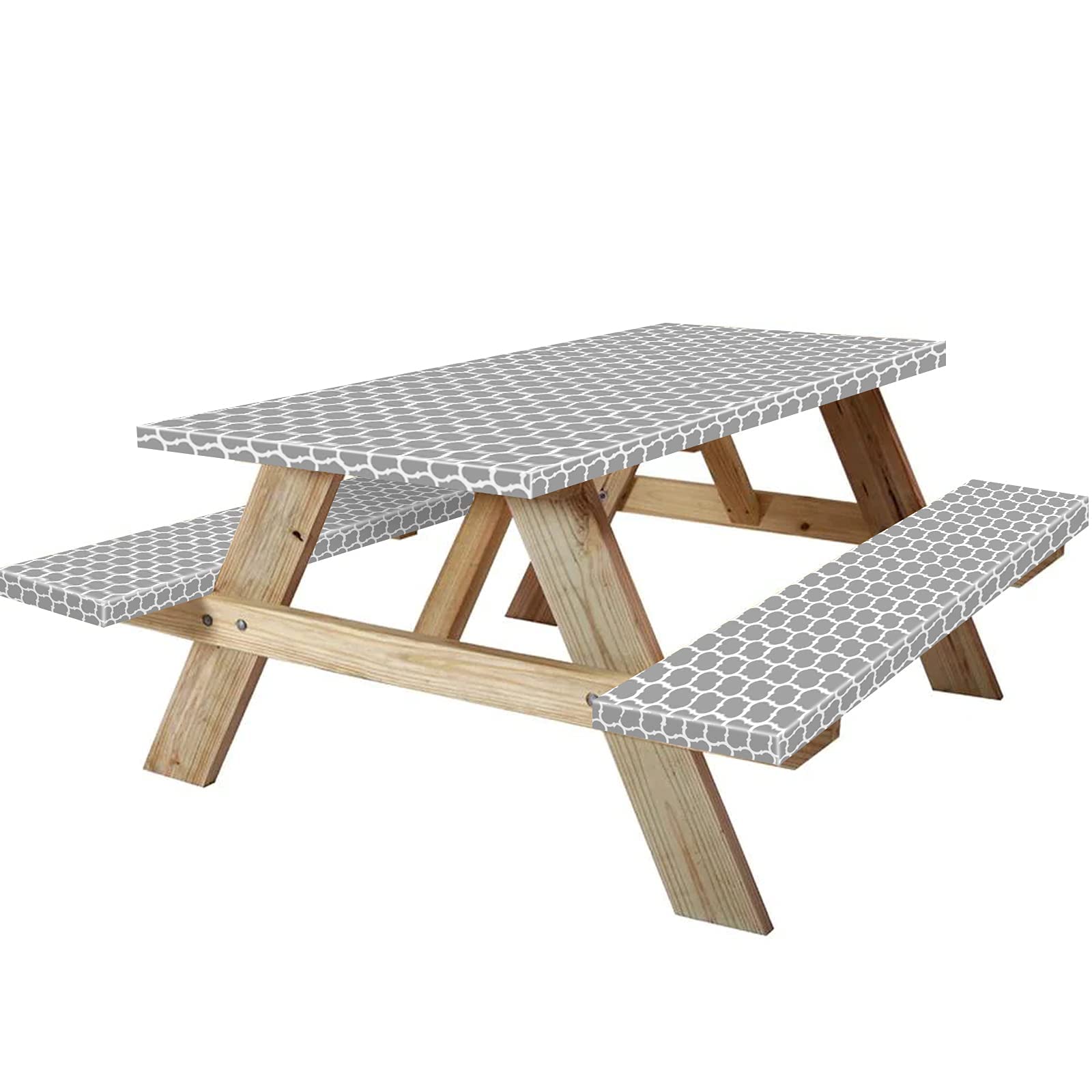 Kenobee 8Ft Picnic Table And Bench Fitted Cover, 96'X30' Flannel Backing Elastic Edge Waterproof Wipeable Plastic Cover Vinyl