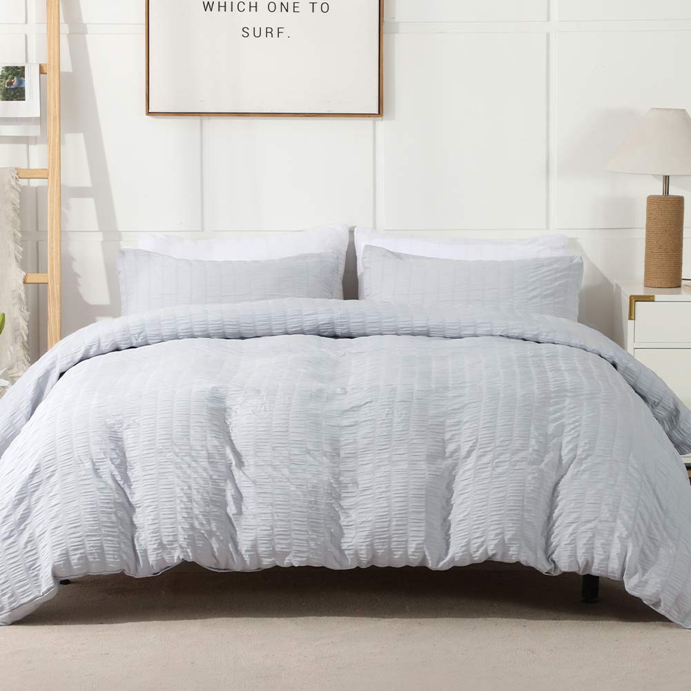 Avelom Light Gray Duvet Cover Cal King(104 X 98 Inches), 3 Pieces (1 Duvet Cover, 2 Pillowcases), Seersucker Striped Soft Washed Microfiber, Textured Duvet Cover Set With Zipper Closure, Corner Ties