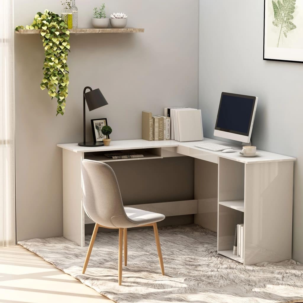 vidaXL L-Shaped Corner Desk Engineered Wood with Sliding Keyboard Tray & Open Shelves - High Gloss White Finish