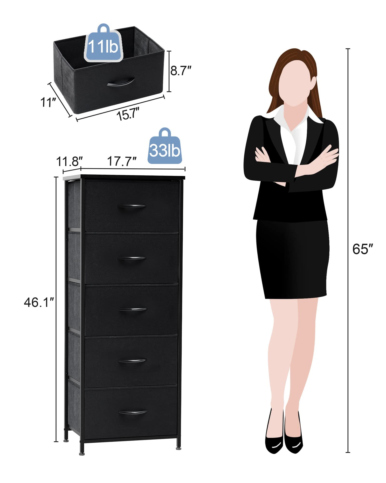 Crestlive Products Vertical Dresser Storage Tower - Sturdy Steel Frame, Wood Top, Easy Pull Fabric Bins - Organizer Unit For Bedroom, Hallway, Entryway, Closets - 5 Drawers(Black)