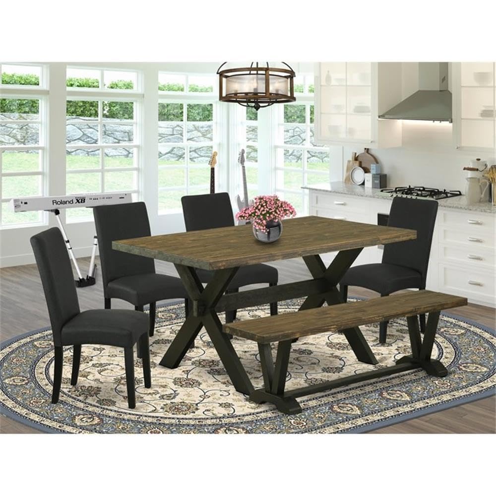 East West Furniture X676Dr124-6 6 Piece Kitchen Table Set Contains A Rectangle Dining Table With X-Legs And 4 Black Color Linen Fabric Parson Chairs With A Bench, 36X60 Inch, Multi-Color
