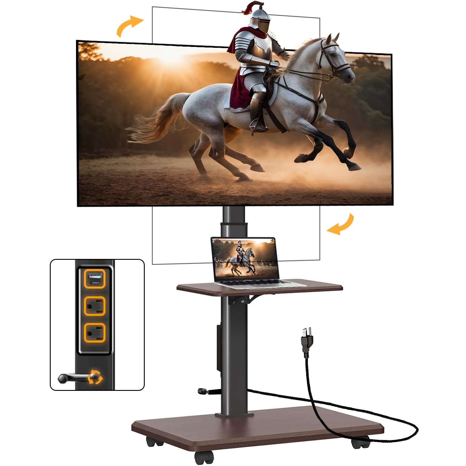 90 Swivel Mobile TV Stand on Wheels with Hand Crank Infinitely Adjustable Height, Portable Rolling TV Stand with Power Outlet, R