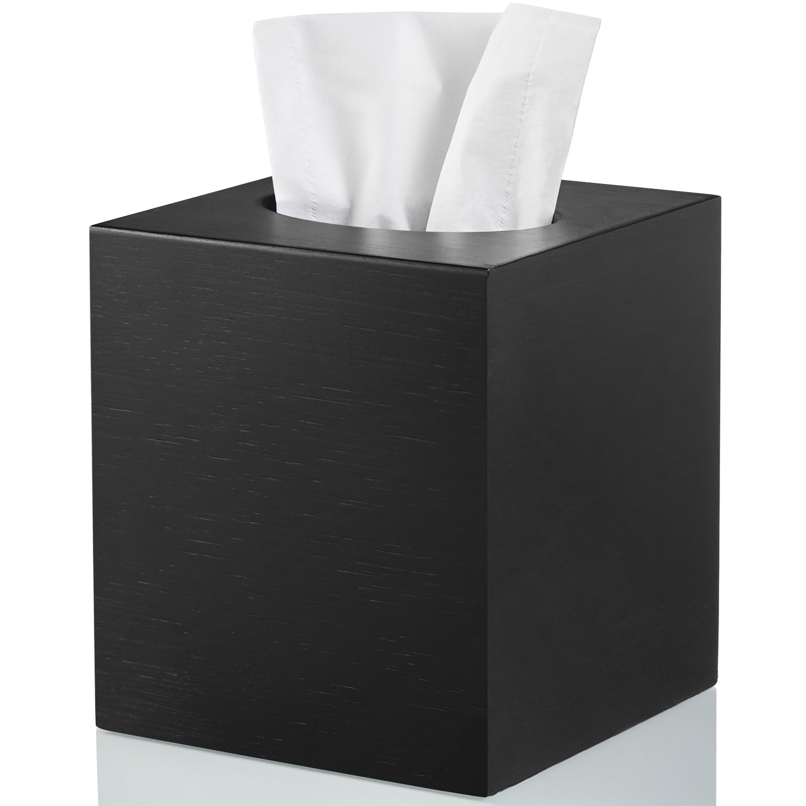 ALELION Black Tissue Box Cover Square - Thick Wooden Tissue Box Holder for Tabletop Night Stands Bathroom Office - Decorative Fa