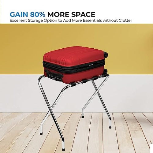 2-Tier Folding Luggage Rack, X-Shaped Steel Frame, Nylon Straps, Rubber Feet, Chrome Finish