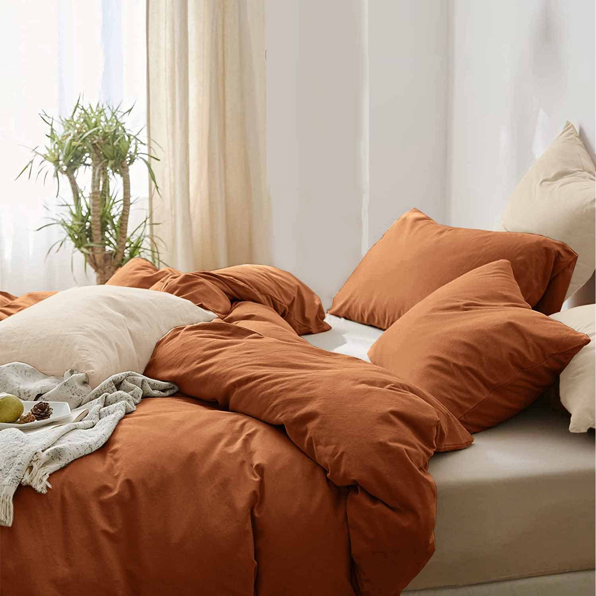Etdiffe Burnt Orange Duvet Cover Queen Size, 3Pc Soft Farmhouse Bedding Comforter Cover Set With Zipper Closure, 1 Lightweight M