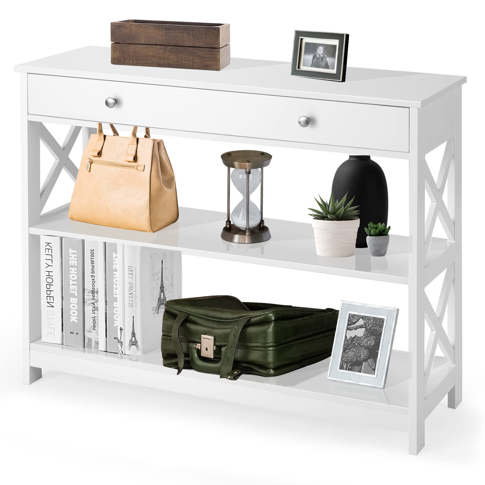 Casart 2/3-Tier Console Table, X-Design Wooden Side End Table With A Drawer/Shelves, Narrow Sofa Table Hall Desk For Living Room Bedroom Entryway (White, 3 Tiers With Drawer)