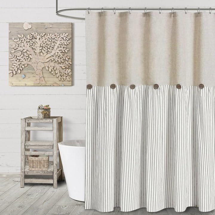 Awellife Extra Long Shower Curtain For Bathroom 84 Inch Shower Curtain Gray Stripe Linen And Cotton Woven Fabric Country Rustic