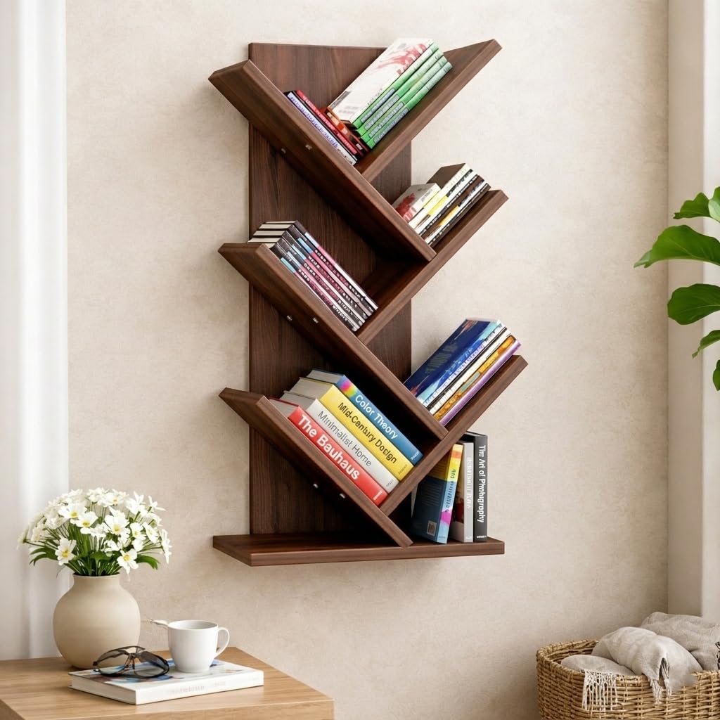 Us Dzire  The Brand Of Lifestyle TreeShaped WallMounted Bookshelf, Wooden, 4Tier Floating Book Rack For Living Room, Study, 