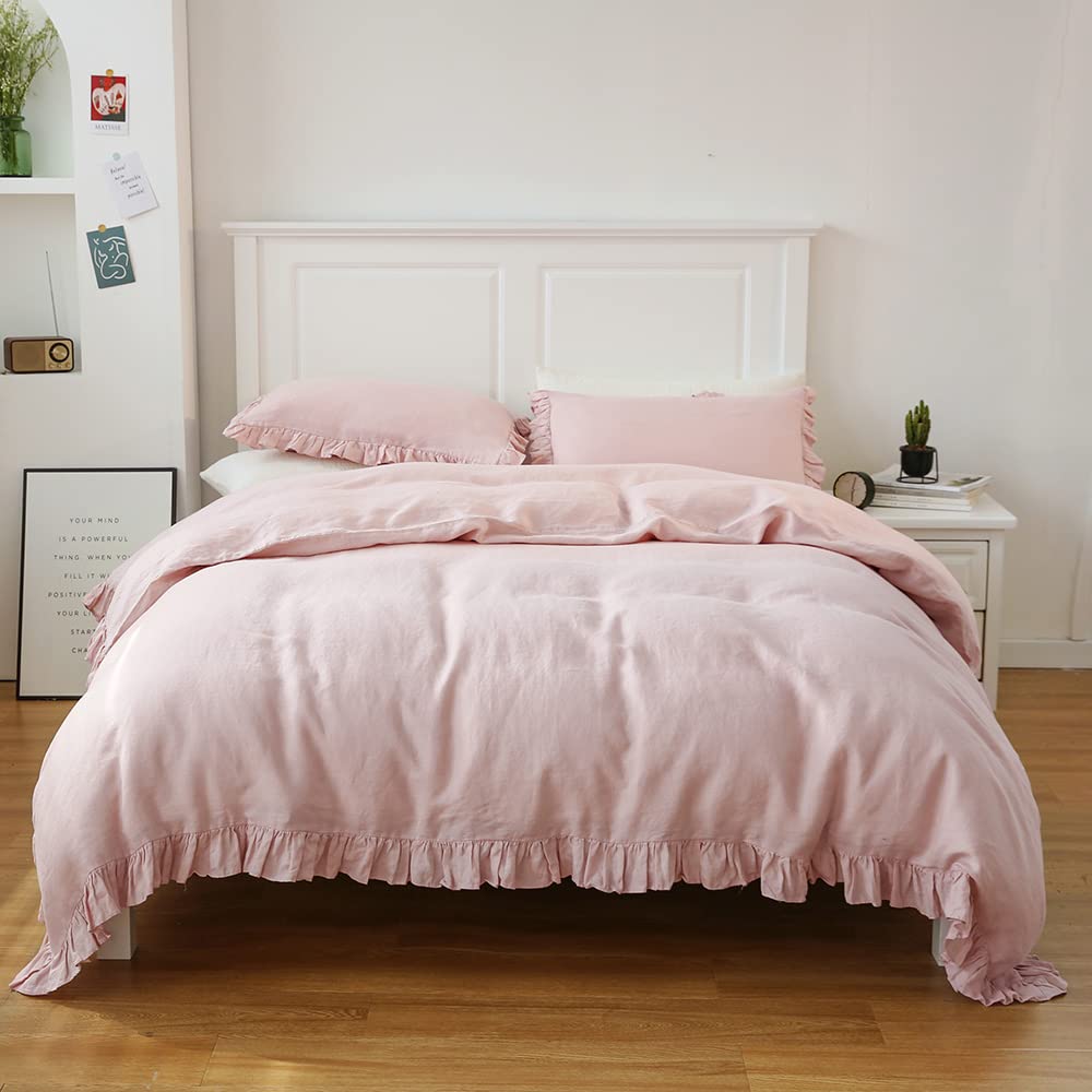 Simple&Opulence 100% Linen Frill Farmhouse Duvet Cover Set,Queen Size(88'X92'),3 Piece Belgian Flax Bedding(1 Comforter Cover+