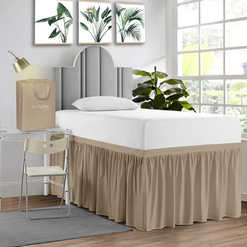Sgi Bedding Dorm Bed Skirt Twin Xl 32 Inch Drop Length - Taupe, Ruffled Pattern College Dorm Room Bed Skirts - Split Corner, Eas