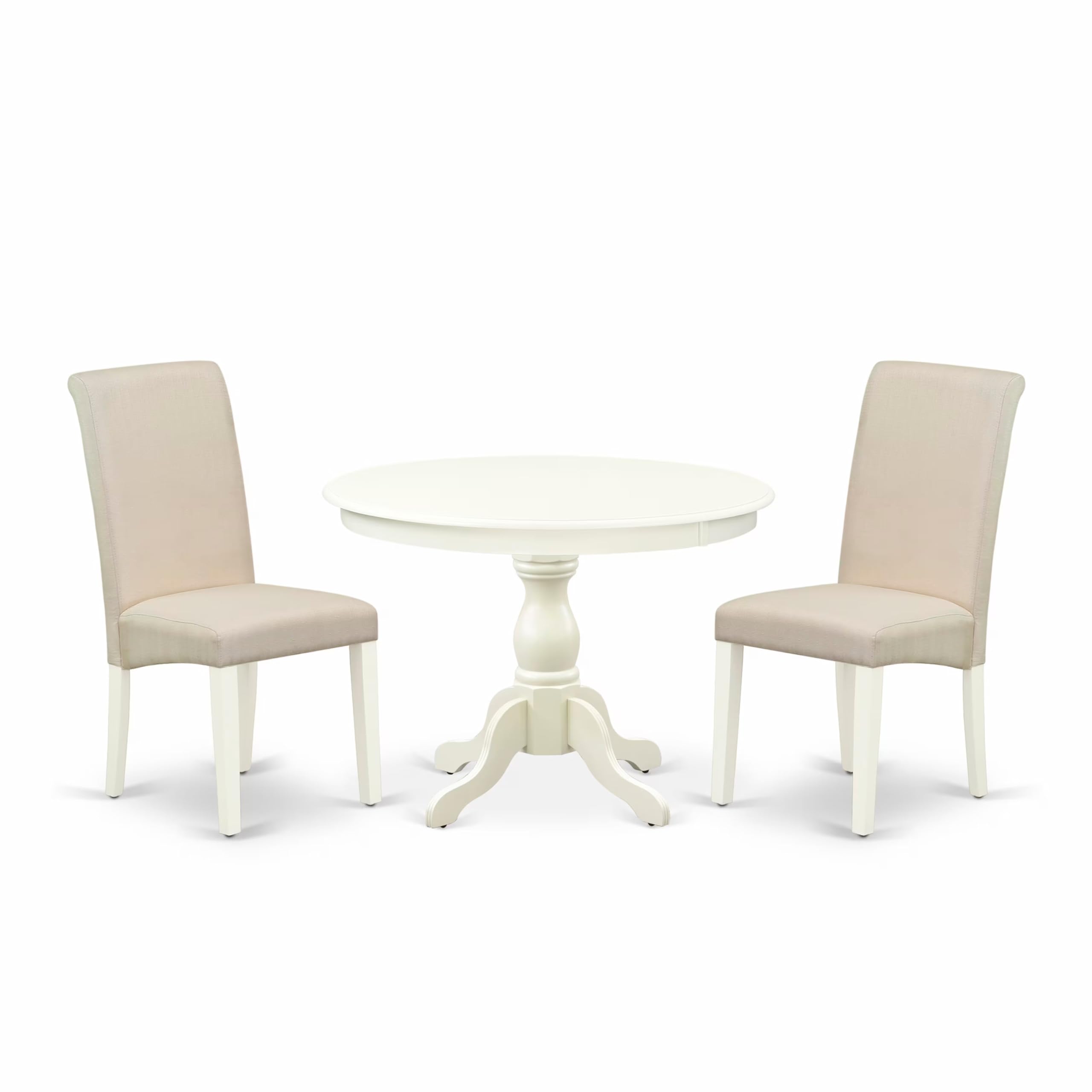 East West Furniture HBBA3-LWH-01 3 Piece Modern Dining Table Set Contains a Round Wooden Table with Pedestal and 2 Cream Linen Fabric Upholstered Parson Chairs, 42x42 Inch, Linen White