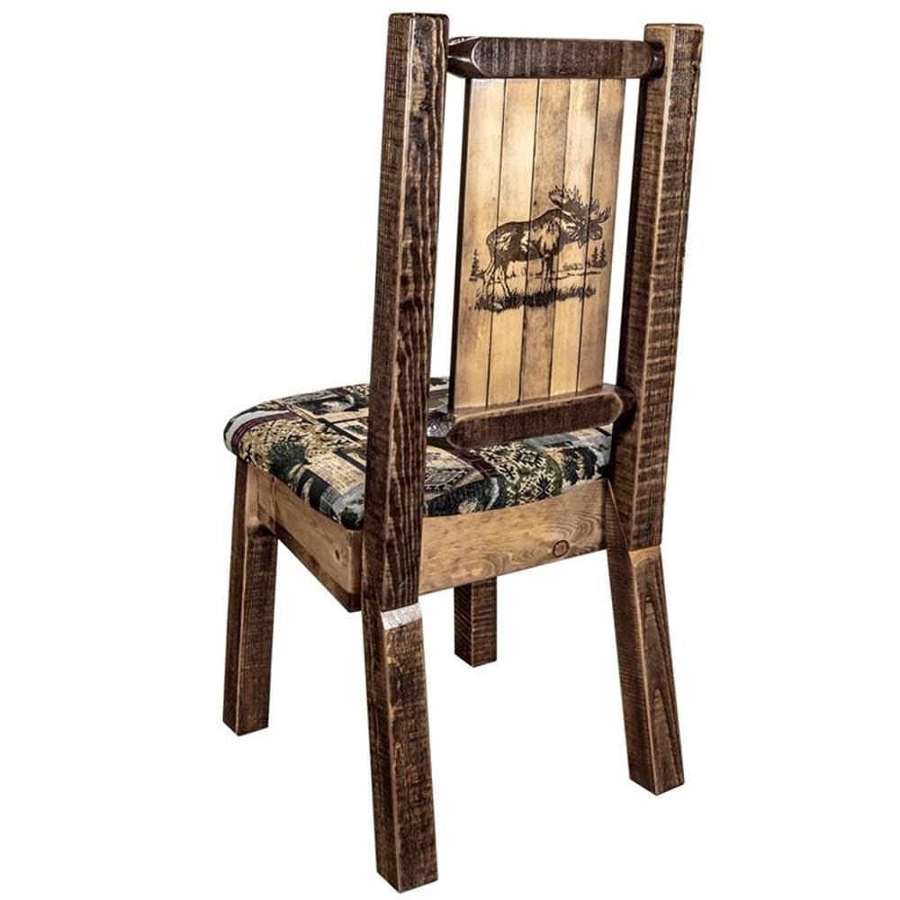 Montana Woodworks Homestead Collection Side Upholstered Chair, Woodland Pattern with Laser Engraved Moose Design, Stain & Lacquer Finish