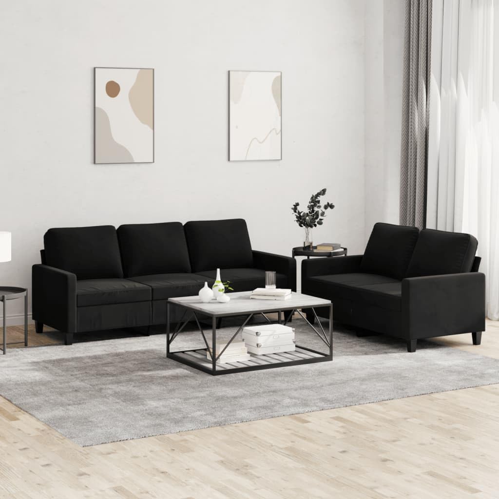 vidaXL 2-Piece Sofa Set with Cushions in Black Velvet- Modern Living Room/Couch Set, Suitable for Lounge, Bedroom Or Office