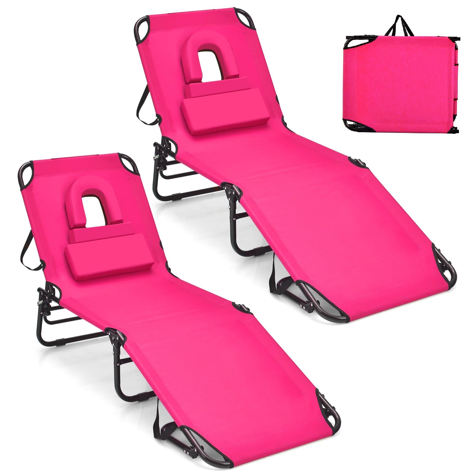 Gymax Tanning Chair, 350Lbs Beach Lounge Chair With Face Hole, Washable Pillow & Carry Strap, Adjustable Folding Chaise Lounge, Layout Chair For Outside, Patio, Poolside, Lawn (2, Pink)
