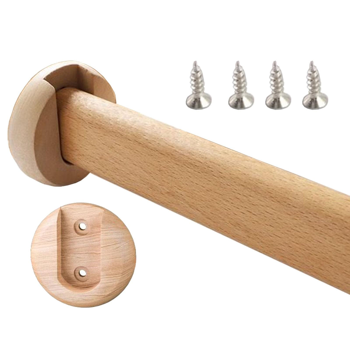 Cuttable Closet Bar for Hanging Clothes, Heavyduty Solid Wood Wardrobe Rod with Flange Set, Customizable Cabinet Support Bracke