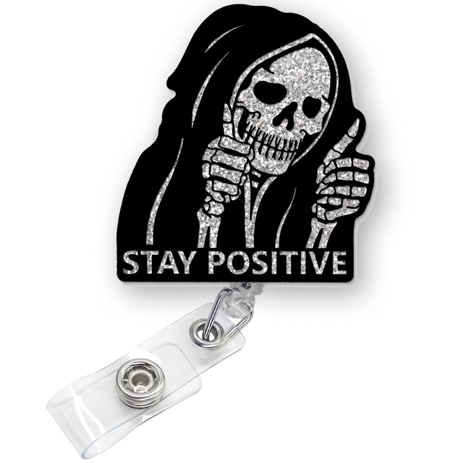 Stay Positive Funny Halloween Skeleton Nurse Badge Reel Holder Retractable | Horror Badge Reel With Alligator Clip & 24    Durab