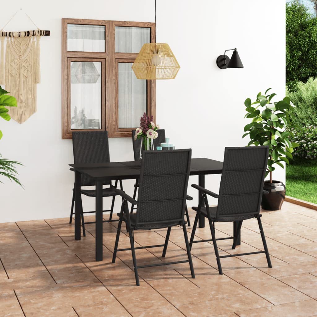 vidaXL 5 Piece Black Patio Dining Set with Reclining Chairs - PE Rattan and Aluminum Construction - Glass Tabletop - Suitable for Garden, Patio and Terrace