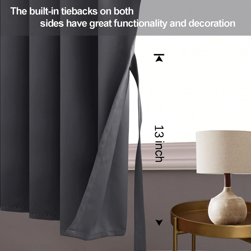 Jiuzhen Short Curtains Kitchen Half Window Blackout Curtains With Tiebacks For Baseroom Shadows, Grommet Curtains For Living Room, Set Of 2 Window Curtain Panels, 42 X 36 Inch Length,Dark Grey
