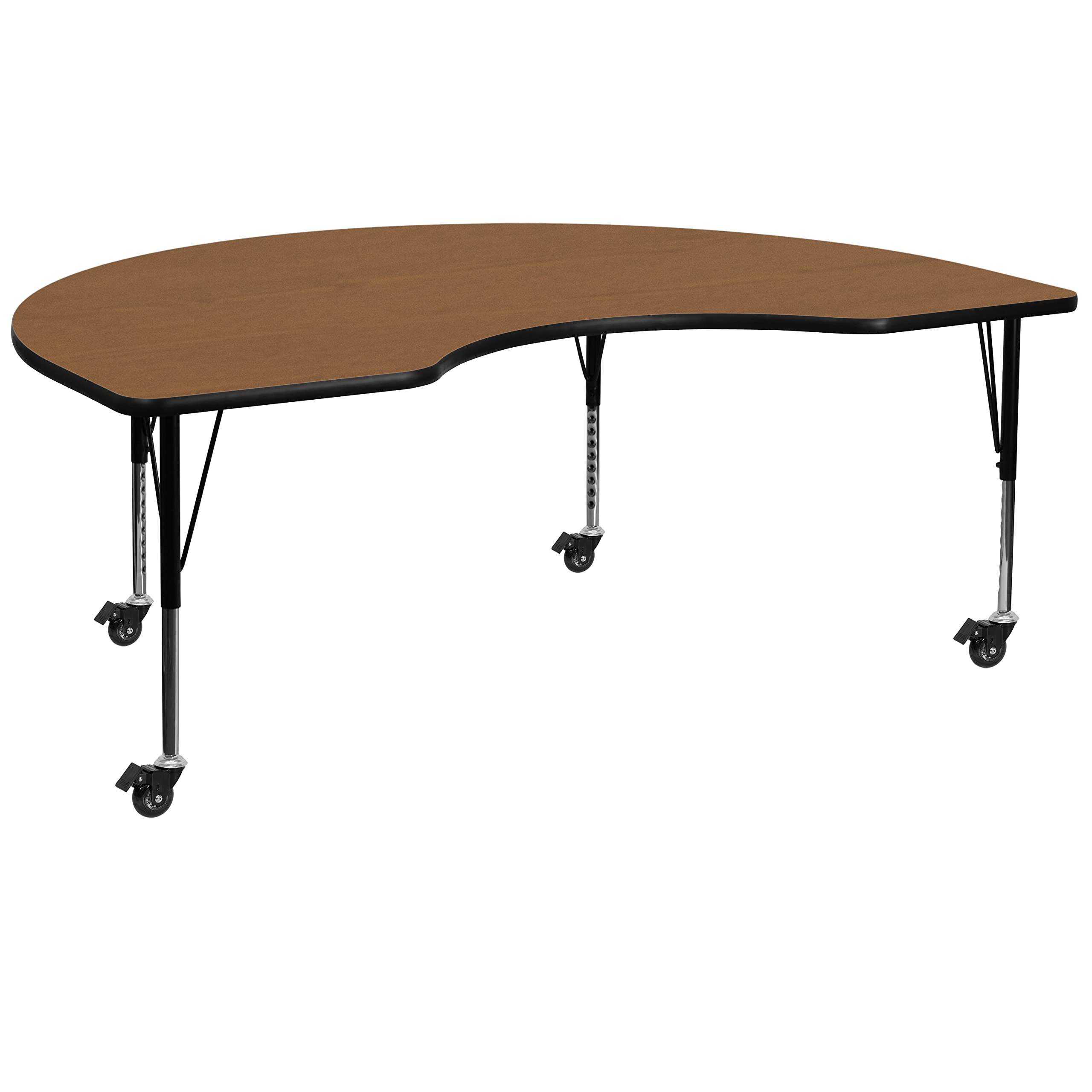 Flash Furniture Mobile Kidney Thermal Laminate Activity Table With Height Adjustable Short Legs, 48'W X 72'L, Oak
