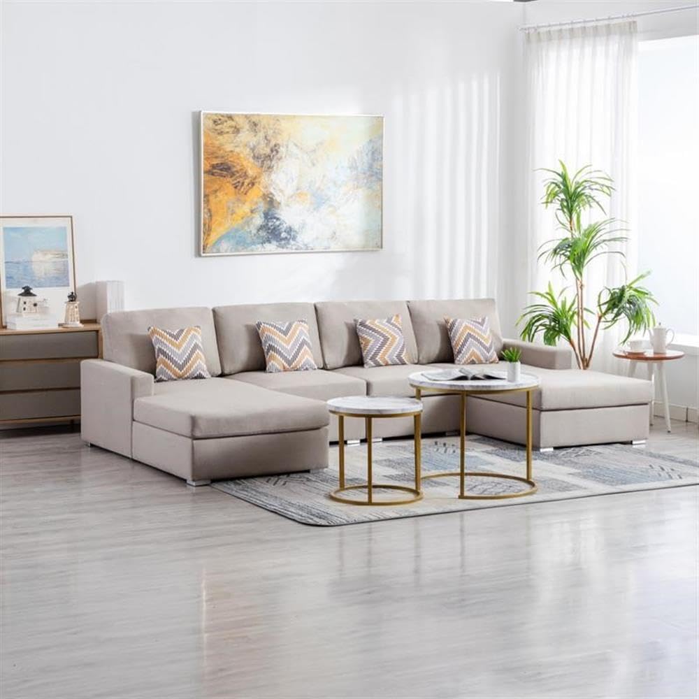 Lilola Home Nolan Beige Linen Fabric 4Pc Double Chaise Sectional Sofa with Pillows and Interchangeable Legs