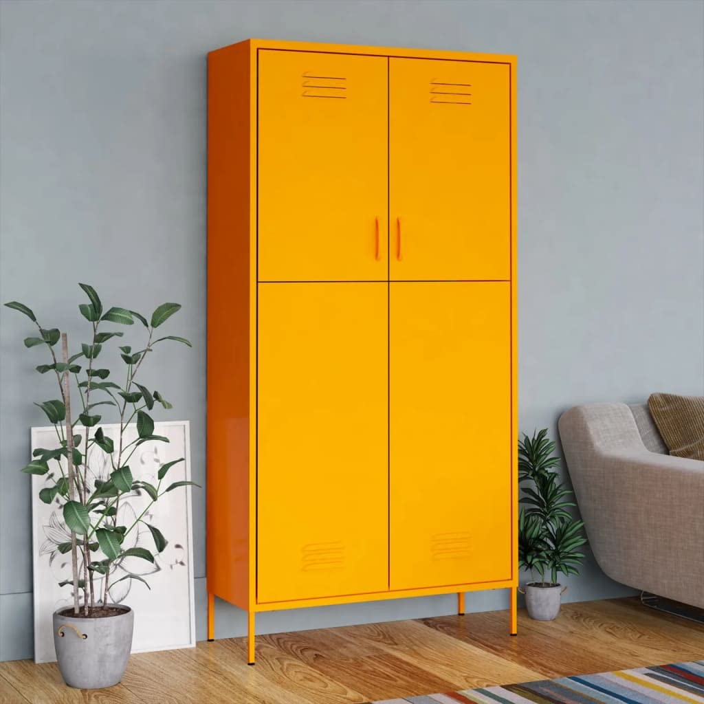 vidaXL Mustard Yellow Steel Wardrobe with Adjustable Shelves and Hanging Rod - Chic Industrial-Style Storage Solution for Clothes, Hats, and Accessories