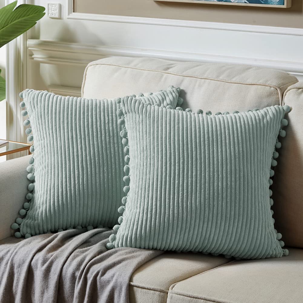 Fancy Homi Pack Of 2 Farmhouse Decorative Throw Pillow Covers With Pom-Poms, Soft Corduroy Solid Square Cushion Cases Set For Co