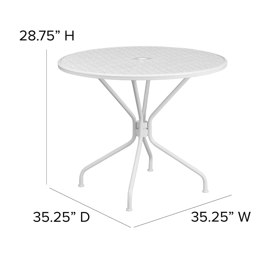 Flash Furniture Oia Commercial Grade 35.25" Round White Indoor-Outdoor Steel Patio Table with Umbrella Hole