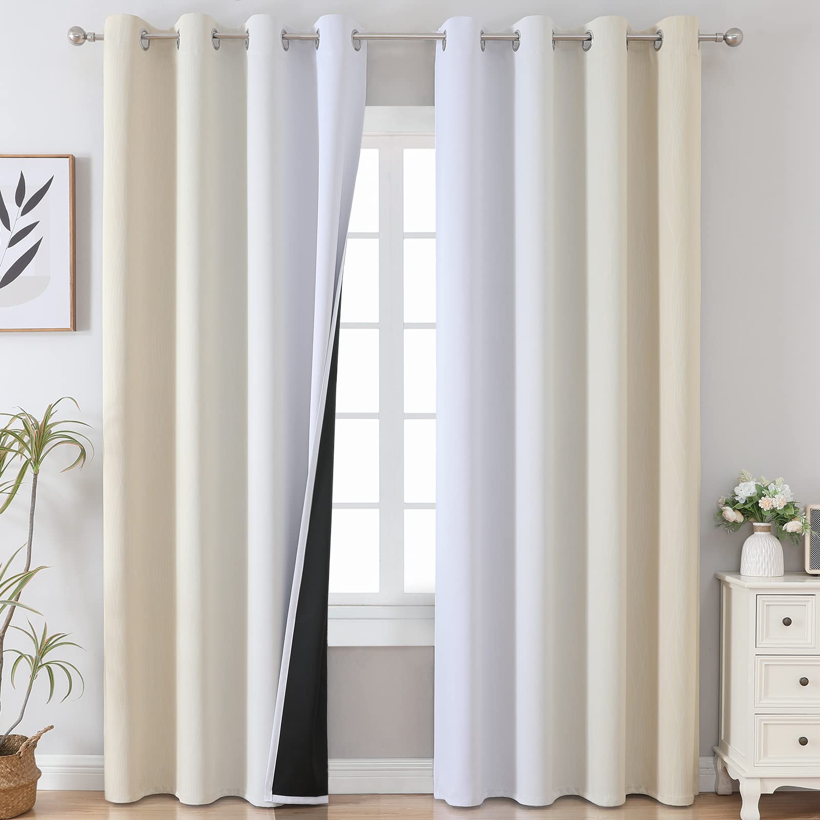 Estelar Textiler Beige And Greyish White Blackout Curtains For Living Room, Full Room Darkening Gradient Drapes For Bedroom, The