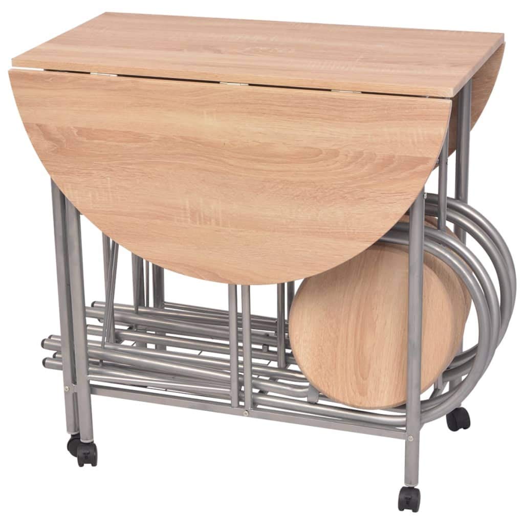 vidaXL Five Piece Folding Dining Set - Compact Movable Kitchen Furniture - Oak and Silver Color - Durable MDF and Iron
